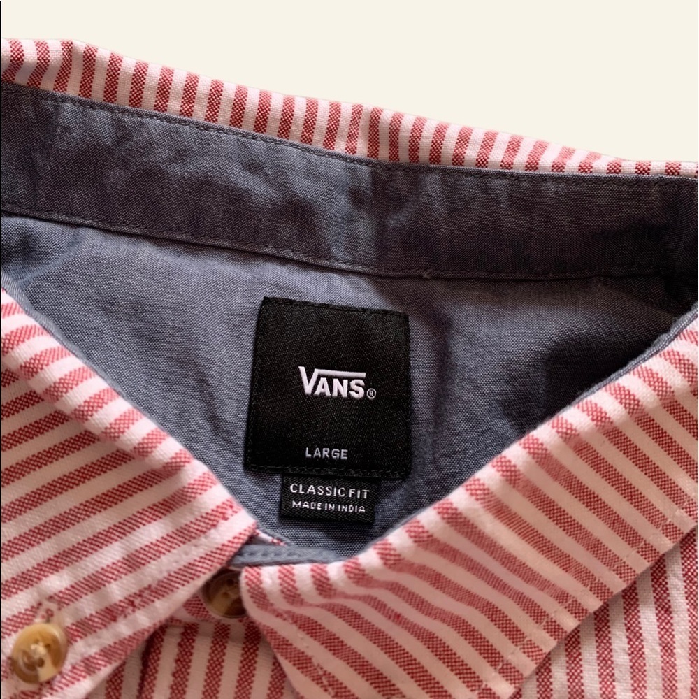 Vans Mens Classic Button Down Shirt Collared Stripe Coral White Short Sleeve - Picture 3 of 13